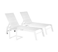 Happy Garden Juego de 2 tumbonas Barbados de textileno y aluminio blanco + mesa auxiliar, tumbona exterior multiposición.