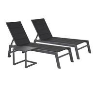 Happy Garden Juego de 2 tumbonas Barbados en textileno negro y aluminio, gris antracita + mesa auxiliar, tumbona exterior multiposición.