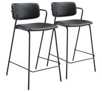 Happy Garden Lote de 2 taburetes de Bar Leon de Polipiel Negra con reposapiés, Acolchado de Espuma, Patas de Hierro Negro Cocina, Bar, Centro Isla