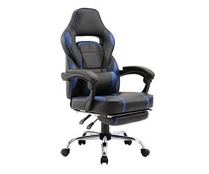 Happy Garden Silla Gamer Negra y Azul Link, Silla Gaming, Silla de Oficina ergonómica, Soporte Lumbar, reposacabezas, giratoria, Altura Regulable, Respaldo inclinable, reposapiés telescópico