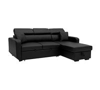 Happy Garden Sofá esquinero Convertible Warren de 3 plazas en Polipiel Negra. Sofá con sofá-Cama Reversible, reposacabezas Ajustable y Caja de Almacenamiento.