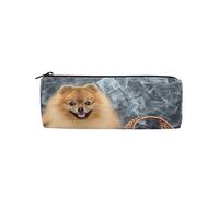 Happy German Spitz Dog with Sunflower Basket Pencil Case Student Stationery Pouch Office Storage Organizer Cosmetic Pen Bag, 90 cm, 21x10.5x5cm