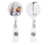 Happy Ghost Holding Two Small Pumpkins - Soporte retráctil para tarjetas de identificación para médicos, enfermeras, estudiantes, trabajadores de oficina