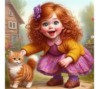 Happy Girl Cat Jigsaw Puzzle 200 Pieces 28x28cm/11x11inch, Difficult Jigsaw Puzzles for Adults 200, Beautiful Art Work, Great Festive Puzzle Gift for Men/Women