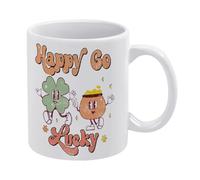 Happy Go Lucky - Taza de café de cerámica blanca de 11 onzas, taza de té impresa de doble cara con mango ergonómico en C, vajilla de porcelana gruesa para el hogar, oficina, cocina, regalos novedosos