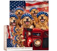Happy Golden Retrievers con sombreros azules y blancos en camión rojo vintage con fuegos artificiales bandera estadounidense, rompecabezas de 1000 piezas de 27 x 20 pulgadas, desafiantes juegos de