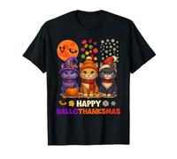 Happy HalloThanksMas Halloween Thanksgiving Christmas Cats Camiseta