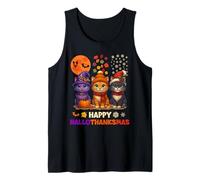 Happy HalloThanksMas Halloween Thanksgiving Christmas Cats Camiseta sin Mangas