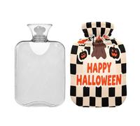 Happy Halloween Bat Ghosts - Botella de agua caliente a cuadros negros con cubierta suave de 2 L para alivio del dolor de cuello y hombros, calentador de pies y manos, bolsa para cólicos menstruales
