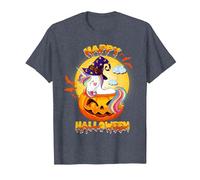 Happy Halloween Calabaza Bruja Unicornio Disfraz Niñas Niños Camiseta, Hombre, Azul Jaspeado, L