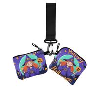 Happy Halloween Cartoon Cute Witch - Carteras dobles para mujer, fundas para tarjetas de visita, delgada, plana, con cremallera, bolsillo para monedas, 2 paquetes, Feliz Halloween caricatura linda