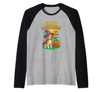 Happy Halloween Cute Dog with Pumpkin Witch Hat Art Camiseta Manga Raglan