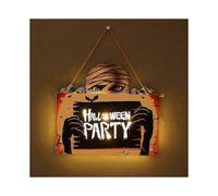 Happy Halloween Hanging Signs Decorations,LED Ambient Light Pumpkin Ghost Witch Logo Halloween Themed Wooden Door Hanging Decor for Home Office School