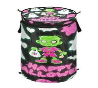 Happy Halloween Zombie - Cesta de lavandería rosa y negra y contenedores de almacenamiento impermeables con tapas con asas resistentes, decoración al aire libre para estantes, cesta de separación de