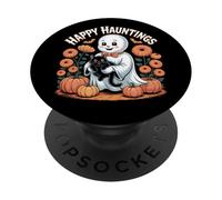 Happy Hauntings - Bonito diseño de Fantasma y Gato Negro PopSockets PopGrip Adhesivo