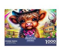 Happy Highland Cow and Girl in Flower Field Cartón De Bordes Lisos Excelente para Relajación Mental, Entrenamiento Cerebral Y Reducción De Estrés 38x26cm/1000pcs