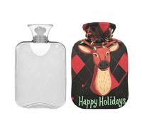 Happy Holidays - Botella de agua caliente con diseño de ciervo navideño con funda de terciopelo, bolsa de agua caliente transparente de 1 litro para calambres, alivio del dolor, calentador de período