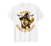 Happy Howl-O-Ween Husky Dog Witch Sombrero y Escoba de Halloween Camiseta
