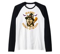 Happy Howl-O-Ween Husky Dog Witch Sombrero y Escoba de Halloween Camiseta Manga Raglan