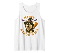 Happy Howl-O-Ween Husky Dog Witch Sombrero y Escoba de Halloween Camiseta sin Mangas