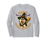Happy Howl-O-Ween Husky Dog Witch Sombrero y Escoba de Halloween Manga Larga