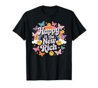 Happy is The New Rich Groovy Retro Hippie Rainbow Camiseta