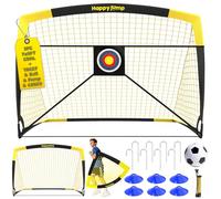 Happy Jump Portería de Fútbol Pop-Up Plegable - 213 x 152 cm, 2 Porterías, Negro y Amarillo con Balón, Bomba, Conos y Diana | Set de Entrenamiento Completo para Jardín y Familia