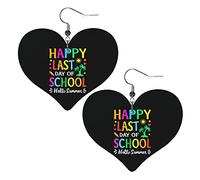 Happy Last Day Of School Hello Summer Pendientes de cuero para mujer Pendientes colgantes Gota Corazón Colgante con gancho Regalos para niña adulta