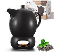 Happy Lemuro Juego de tetera con calientaplatos - 1,2 l - Tetera con colador y calientaplatos - cerámica - negro - Accesorios de té - con calentador de velas