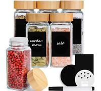 Happy Lemuro Tarros de especias rectangulares de 120 ml [juego de 6] tarros de especias con inserto para esparcir, tapas de bambú, etiquetas en negro, juego de recipientes para especias, especias,