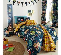 Happy Linen Company Juego de Cama con Funda nórdica Reversible Individual, Color Azul Marino, con Animales de Woodland Friends, para niñas y niños