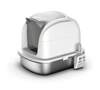 HAPPY MEOW Arenero Cubierto para Gatos con Base de Acero Inoxidable - Bandeja Higiénica Mediana con Puerta Frontal, sin olores ni bacterias, Incluye Pala y Tapa - 52×41×43 cm