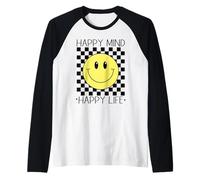 Happy Mind Happy Life 70's Smile, Cara Feliz Sonriente a Cuadros Camiseta Manga Raglan