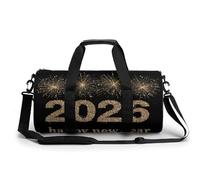 Happy New Year - Bolsa de deporte cilíndrica con diseño de fuegos artificiales dorados brillantes para mujeres y hombres, con correa para el hombro