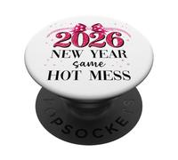 Happy New Year Same Hot Mess 2026 New Year Coquette Pink Bow PopSockets PopGrip Adhesivo