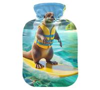 Happy Otter - Botellas de agua caliente para surf con cubierta suave, calentador de pies, regalo de invierno, bolsa de agua caliente para compresas frías y calientes, 2 litros