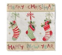 HAPPY PAPER Servilletas navideñas SANTAS SOCKS de tejido de 3 capas, pliegue 1/4, 33 x 33 cm, 20 unidades, tres medias de punto navideñas decoradas con lazos