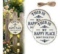 Happy Place - Letrero de metal vintage con texto en inglés "This Is My Happy Place Don't Fuck It Up" redondo para decoración de pared de jardín, carteles y placas decorativas colgantes (2Pcs,12in)