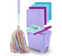 Happy Rainbow - Fregona con Palo Plegable, Cubo con Ruedas y 4 Bayetas de Microfibra Reciclada Set de Limpieza Sostenible para Hogar Suelos y Todo Tipo de Superficies