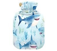 Happy Shark Fish - Bolsa de agua caliente y funda suave y cálida para cama de invierno, cuello y hombros, 2 L