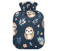 Happy Sloths - Botellas de agua caliente azul marino con funda de terciopelo, bolsa de agua caliente para calambres menstruales, 1 litro