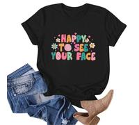 Happy to See Your Face Shirt Lehrershirts Damen Back to School Shirt Erster Schultag Kurzärmiges T-Shirt 2 Teiler Damen Sexy, Negro , XXL