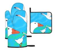 Happy White Goose - Juego de 3 manoplas de horno y estante para ollas, guantes de cocina, adecuados para cocinar, asar al aire libre, etc.