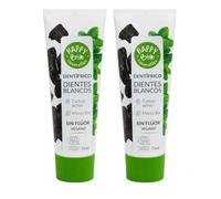 HappyBio Dentífrico Blanqueador Natural con Carbón Activo y Menta Bio - Pasta de Dientes Vegana Sin Flúor - Dientes Blancos y Aliento Fresco - Pack 2 x 75 ml