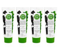 HappyBio Dentífrico Dientes Blancos Carbón Activo y Menta Sin Flúor Pack 4 Uds - Pasta Dental Blanqueadora con Aloe Vera Bio - Vegano, Sin Sulfatos ni Gluten - Certificado COSMOS ORGANIC - 4 x 75 ml