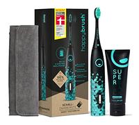 happybrush® Cepillo de dientes eléctrico sónico Eco VIBE 3 - Cepillo de dientes sostenible con batería de 6 semanas de duración, 3 cabezales y pasta de dientes - Negro y Menta