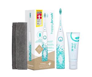 happybrush® Cepillo de dientes eléctrico sónico Eco VIBE 3 - Cepillo de dientes sostenible con batería de 6 semanas de duración, estuche de viaje y pasta de dientes SuperWhite - Bianco/Menta