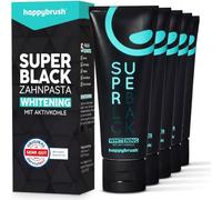 happybrush Pasta de Dientes Vegana de Carbón Activo SuperBlack - Sabor a Menta - Pack de 5 - Pasta de dientes negra para dientes blancos y blanqueamiento dental - Pack ahorro (5 x 75ml)