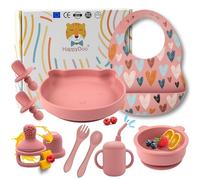 HappyDoo Vajilla Bebé Silicona 12 Piezas | Plato Ventosa Osito + Bol + Vaso + Cubiertos + Babero + Chupete Fruta | Antideslizante, BLW, Libre de BPA | Apto Microondas y Lavavajillas | Regalo Bebé