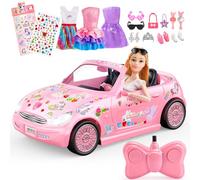 HappyGoLucky Coche Teledirigido para Niñas de 3 4 5 6 7 8 Años - Juguete RC con Muñecas & 3 Trajes, 12 Accesorios + Pegatinas de Unicornio y Corazón para DIY - Regalo Navidad para Niñas 3-12 Años